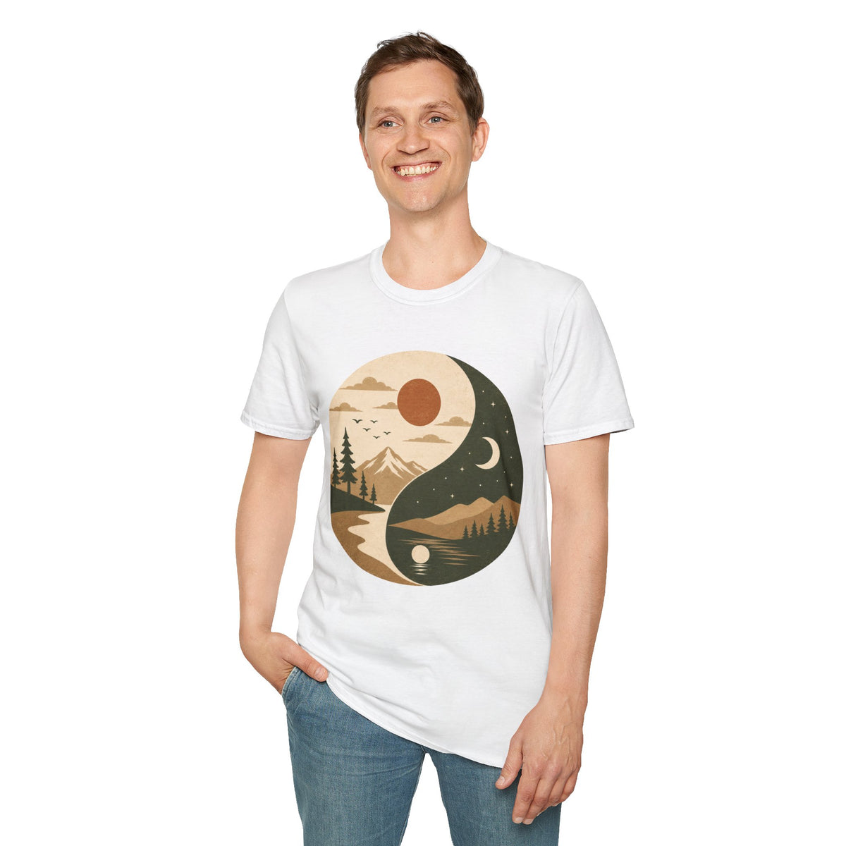 Yin Yang Mountain Sunset Tee — Nature Day & Night Graphic T-Shirt