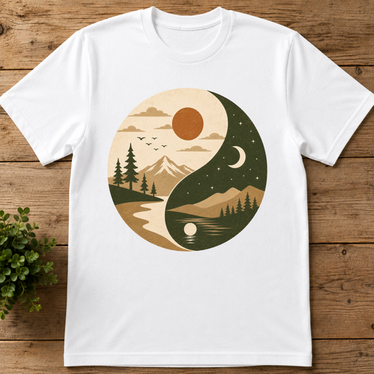 Yin Yang Mountain Sunset Tee — Nature Day & Night Graphic T-Shirt