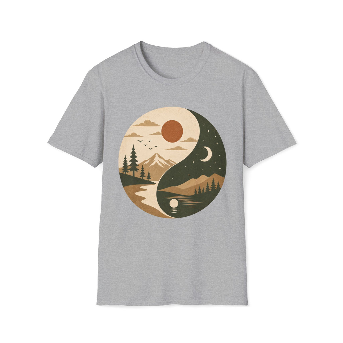 Yin Yang Mountain Sunset Tee — Nature Day & Night Graphic T-Shirt