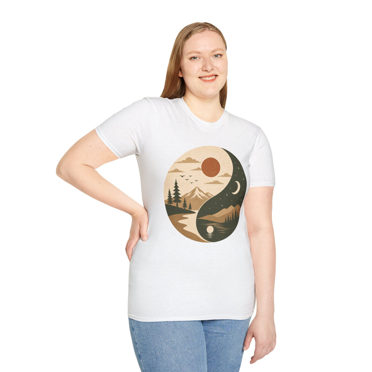 Yin Yang Mountain Sunset Tee — Nature Day & Night Graphic T-Shirt