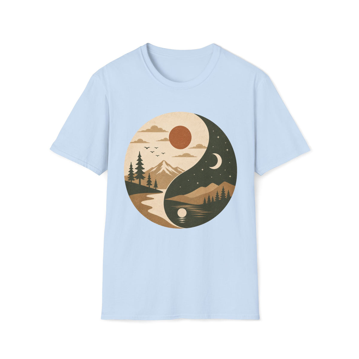 Yin Yang Mountain Sunset Tee — Nature Day & Night Graphic T-Shirt
