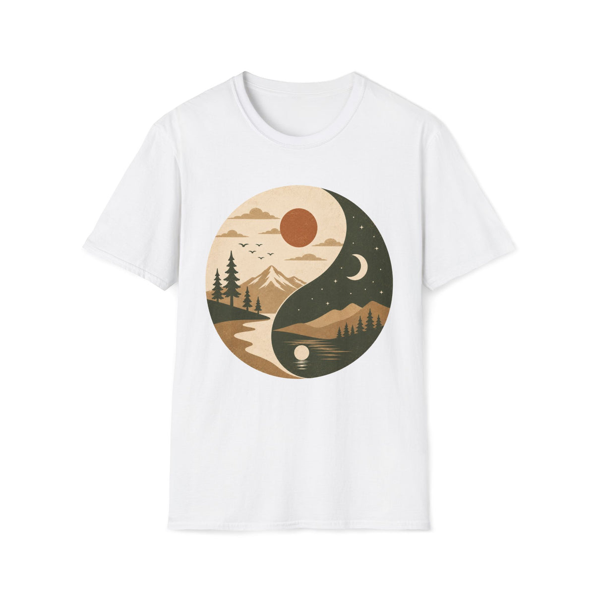 Yin Yang Mountain Sunset Tee — Nature Day & Night Graphic T-Shirt